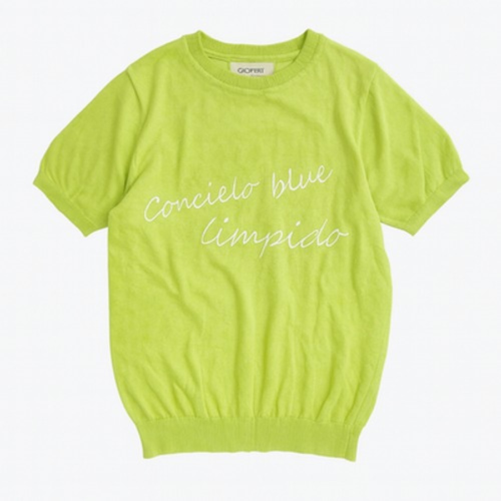 Geospirit Lime Green Short Sleeve Knit Top Embroidered "Concielo Blue Limpida XL